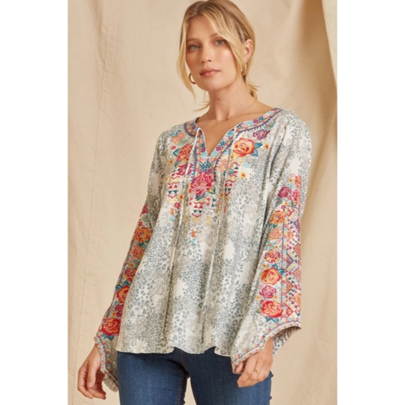SOLD OUT Colorful Boho Floral Embroidered Long Sleeve Tie Woven Blouse Casual - Picture 4 of 6